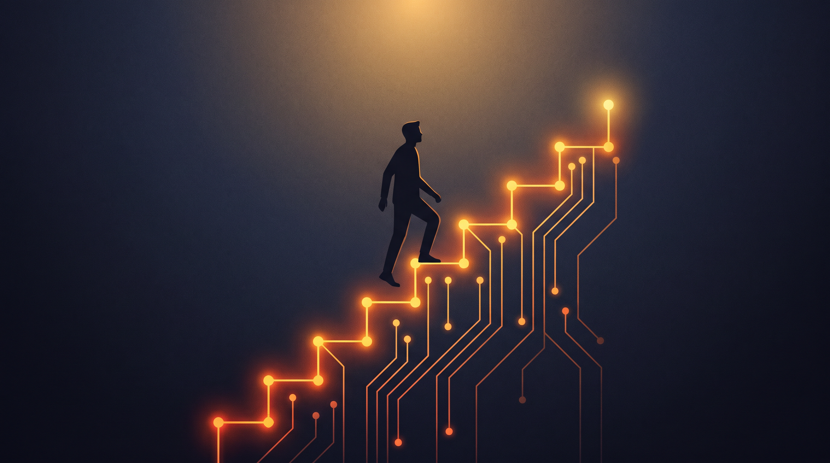 Illustration of a person climbing a staircase of glowing light nodes, representing structured progress toward success